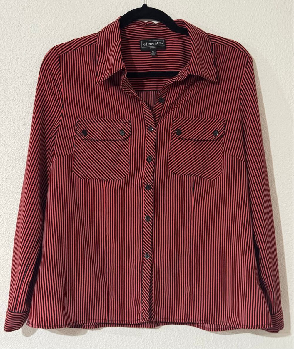 Elementz Corral Red & Black Striped Button-Down Utility Blouse Petite Large (PL)
